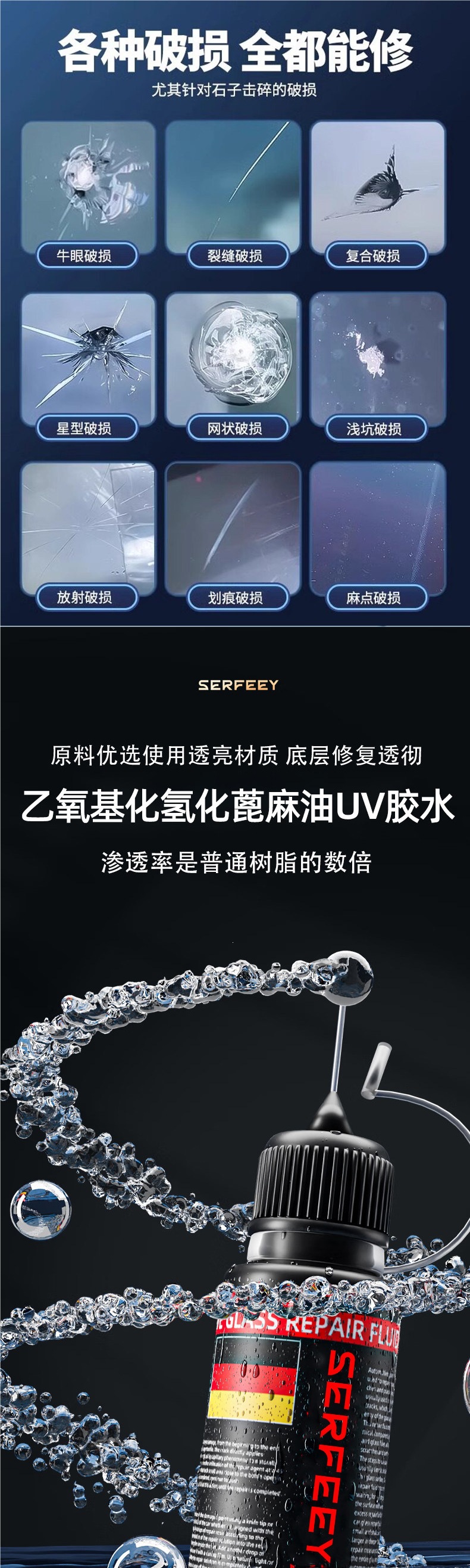 German glass repair liquid for car front windshield cracks, small pits, scratches, mirror seamless adhesive