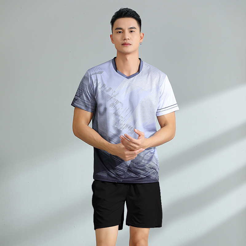 Nuevo conjunto de bádminton hombre y mujer ropa deportiva transpirable manga corta uniforme de entrenamiento de estudiantes impresión número de comercio exterior