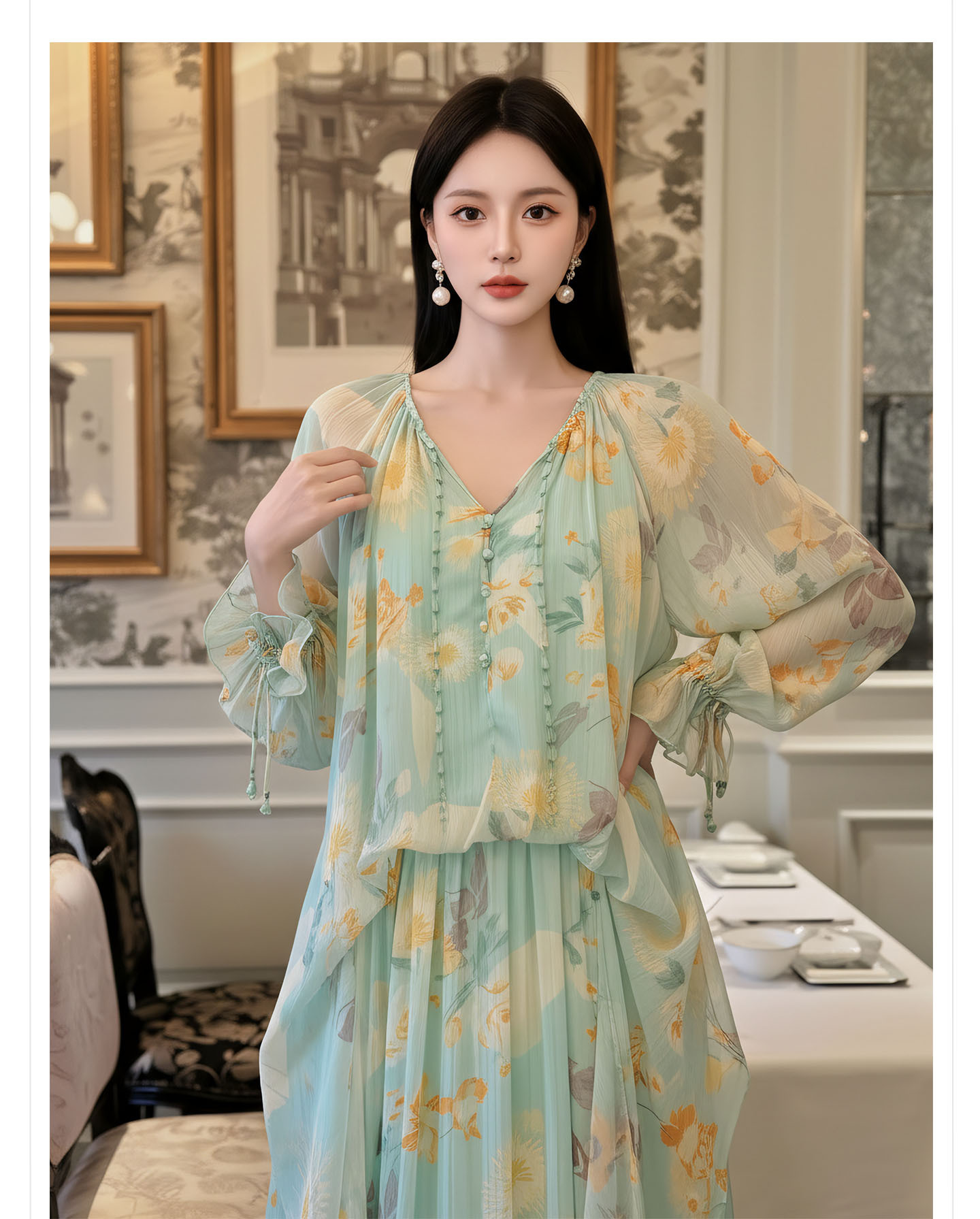 Đầm maxi nữ thắt eo phong cách Tân Trung Hoa in họa tiết thiết kế giả hai lớp — Thiên Thanh chi tiết 3