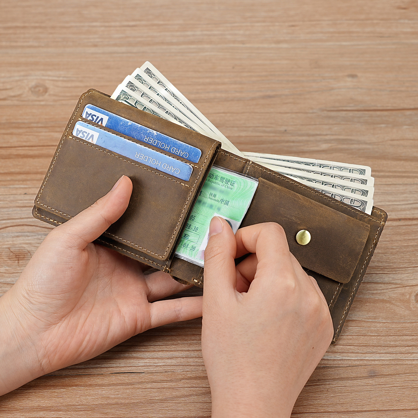 复古疯马皮男士钱包多功能带按扣硬币零钱袋跨境全头层牛皮钱包男