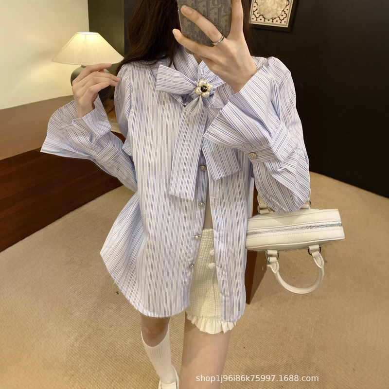 25 Early Spring New Arrival Bow Lace Folded Sleeve Striped Long Sleeve Shirt Simple