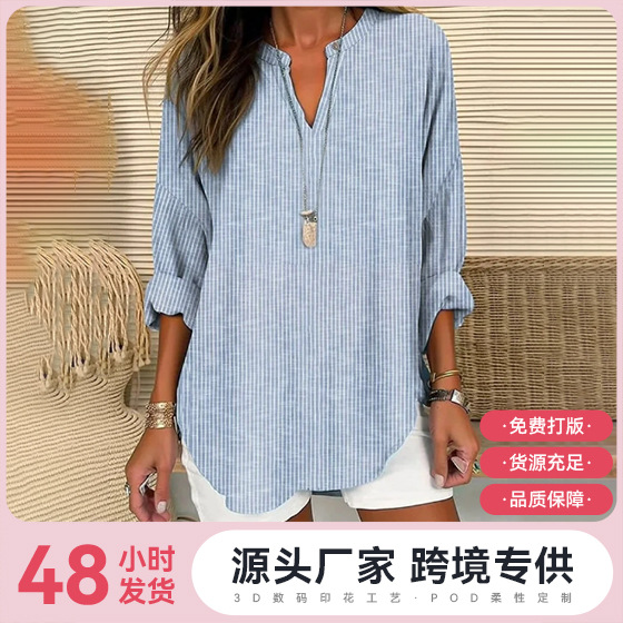 独立站大码女装夏季小V领长袖 独立日碎花简约休闲气质T恤长袖