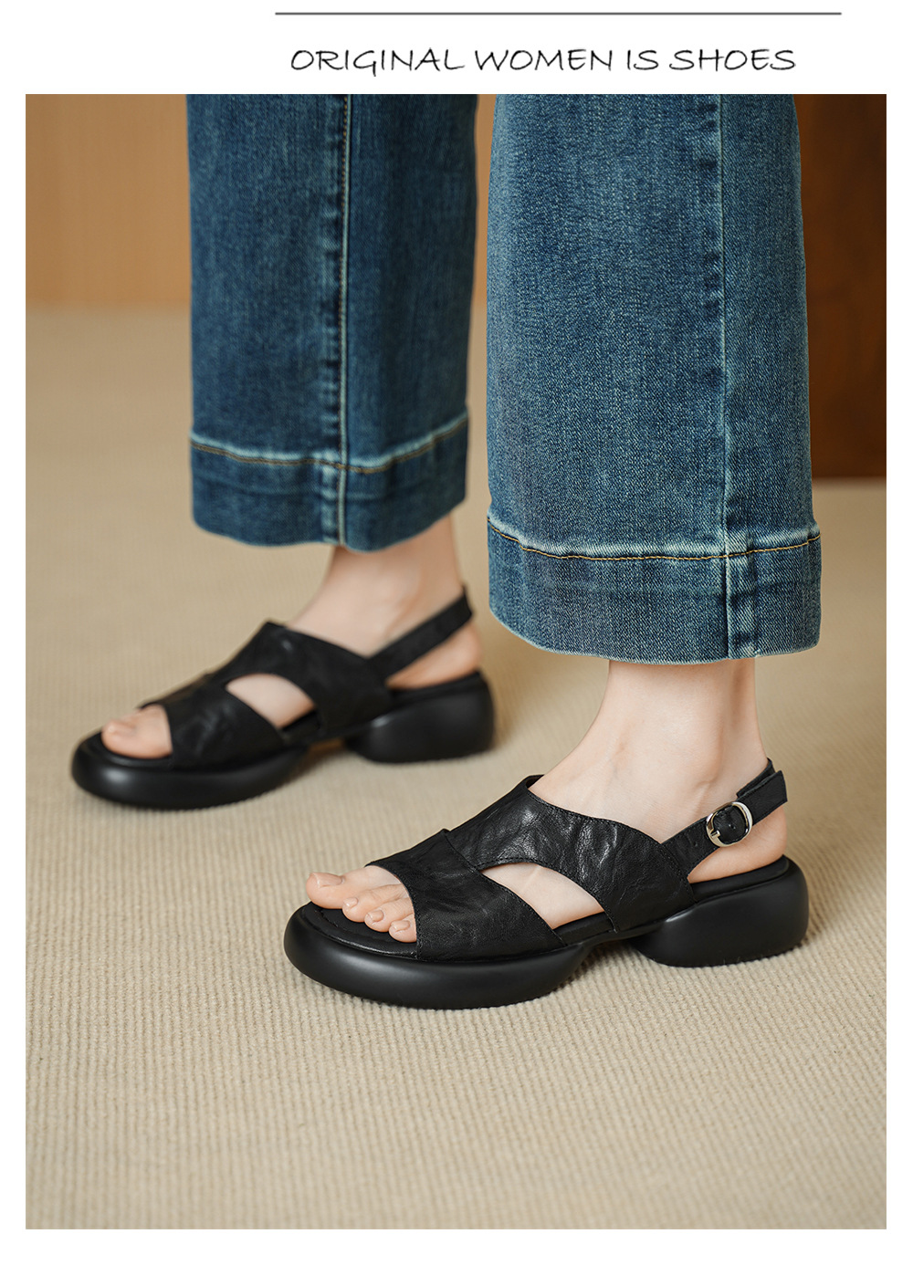 Sandal nữ hở mũi đế dày 4 cm da cừu quai chữ T khóa — màu nâu chi tiết 10