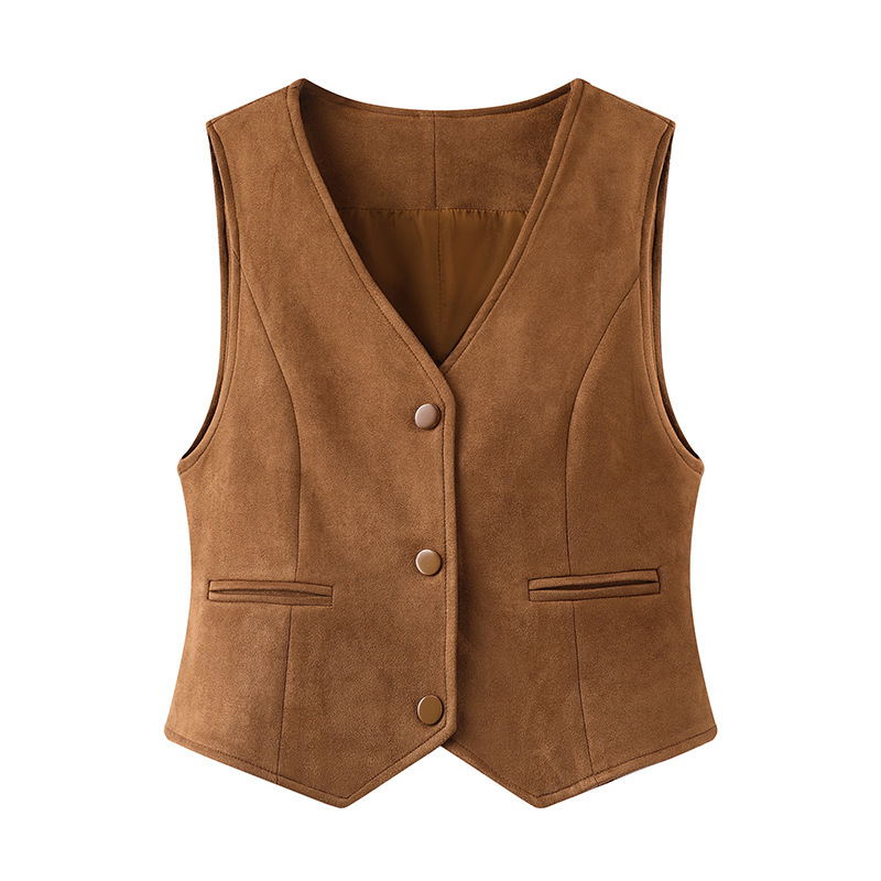 2025 Spring New Retro Elegant V-neck Design All-match Suede Short Vest Jacket Women's Coat