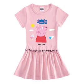 2023夏装新款小猪女童连衣裙棉质短袖宝宝木耳边百褶洋气裙子