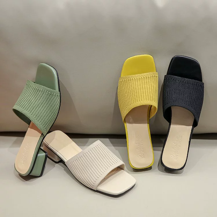 Тапочки, Женская Новинка 2022 года, летняя женская обувь, сандалии с квадратным носком в Корейском стиле, женские тапочки на толстом каблуке, тканые Тапочки