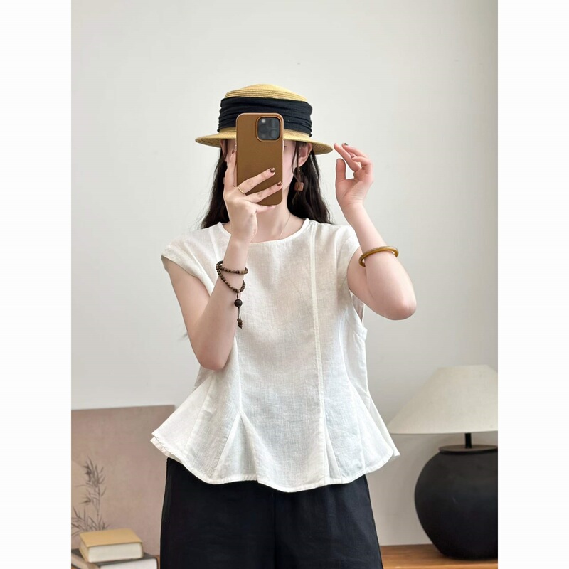 Warm Maple White Sleeveless Shirt for Women, New Summer Style, Loose Fit, Slimming Round Neck, Ruffled Small Flutter Sleeves, Light Blue Top Warm Maple White Sleeveless Shirt for Women, New Summer Style, Loose Fit, Slimming Round Neck, Ruffled Small Flutter Sleeves, Light Blue Top
