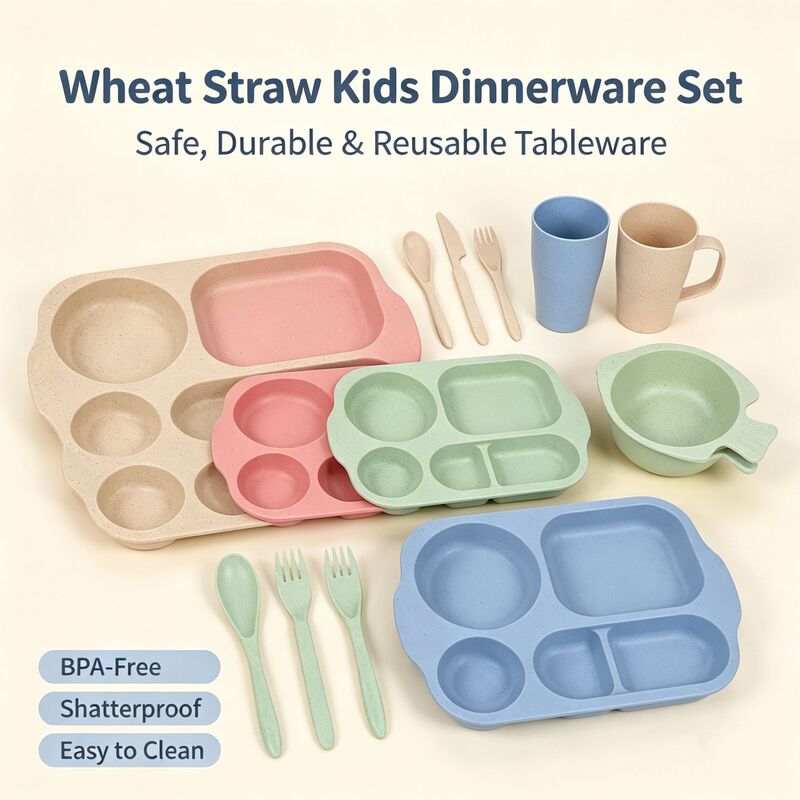 Wheat straw children's divided plate, fish tail bowl, water cup, knife, fork, spoon 24-piece gift set with Amazon labeling Wheat straw children's divided plate, fish tail bowl, water cup, knife, fork, spoon 24-piece gift set with Amazon labeling