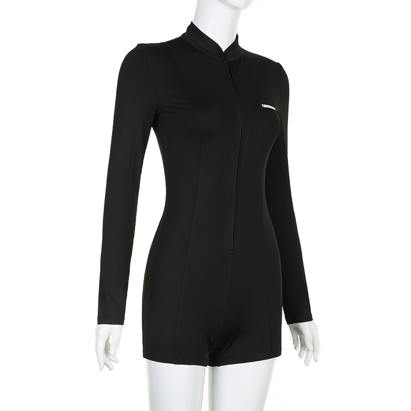 Street Stand Collar Split Zipper Tight Shark Jumpsuit Autumn Sports Casual Long Sleeve Sexy Top