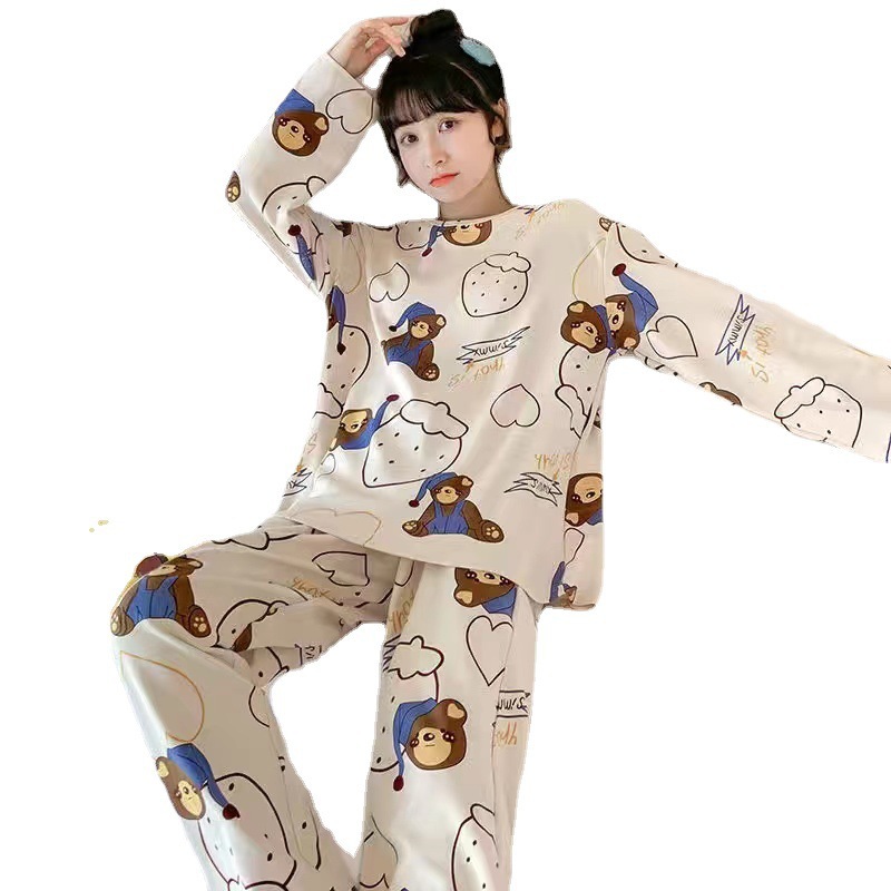 Pajamas for Women Spring & Fall Korean Style 2025 Long-Sleeved Cute Student Cartoon Suit Loose Autumn and Winter Home Wear Suit