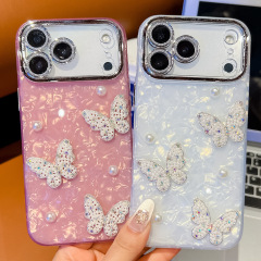 适用苹果17Promax贝壳纹iPhone16珍珠蝴蝶防摔双面覆膜IMD手机壳