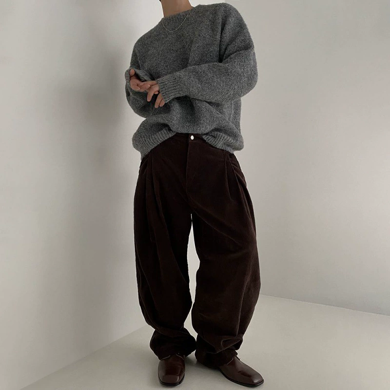 Мужской свитер oversize из пряжи, стиль Кореи, круглый ворот, демисезон осень