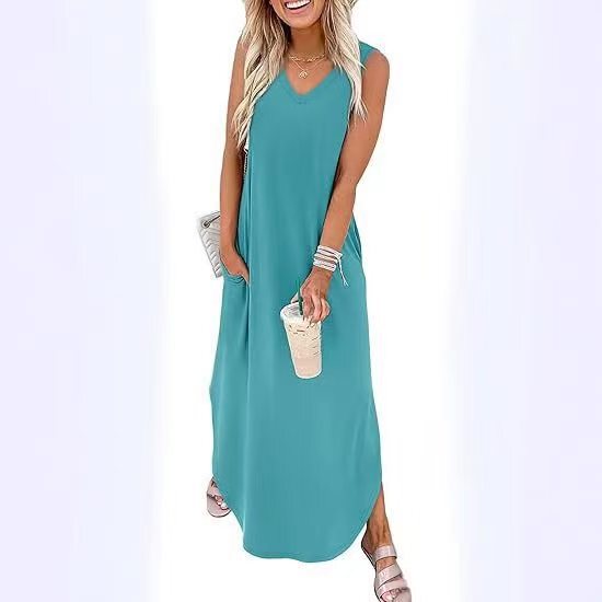 2026 Cross-Border Summer Dress, Ultra-Long Dress, Vacation Beach Tank Dress with Pockets, Amazon Independent Site
