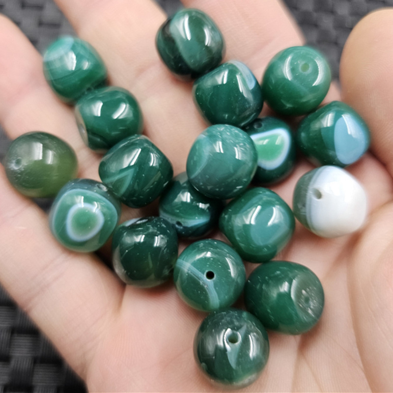 Green Silk-Wrapped Agate Old-Style Beads, Loose Jade Beads, Dark Green Chalcedony Barrel Beads, Spacer Beads, Lulutong Beads, Lower-Grade Jewelry Accessories