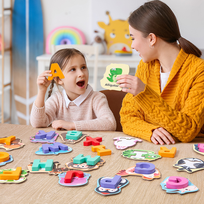 Juguetes educativos de madera para niños 26 letras rompecabezas de emparejamiento de animales educación temprana rompecabezas de emparejamiento de animales bloques de construcción image 4