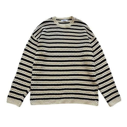Autumn Retro Lace Contrast Striped Knit Shirt for Men - Design-Focused Korean Style, Lazy Wind High-End Base Shirt