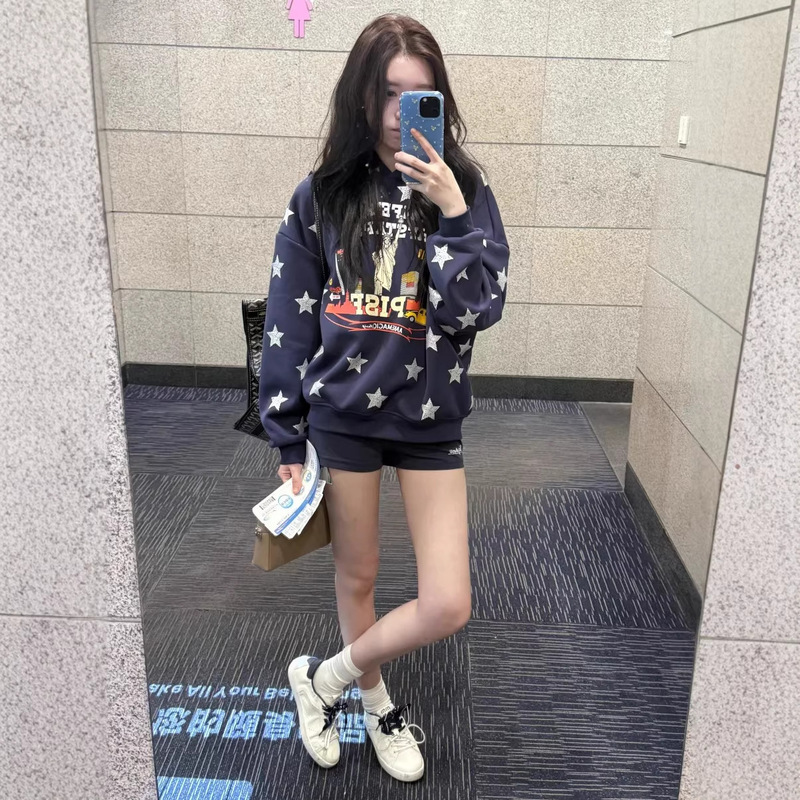 Autumn and Winter New Niche Design Hot Girl Style Star Glitter Fleece-Lined Warm Hooded Sweatshirt with Letter Print Autumn and Winter New Niche Design Hot Girl Style Star Glitter Fleece-Lined Warm Hooded Sweatshirt with Letter Print