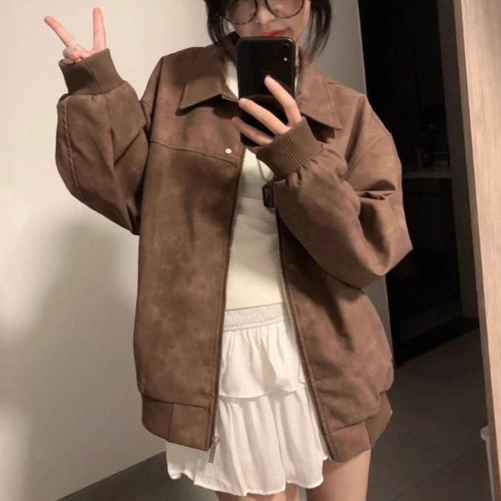 Trendy Jacket New Fashion Brown American Retro Zipper High-End Lapel Couple Casual Cardigan Coat for Women Trendy