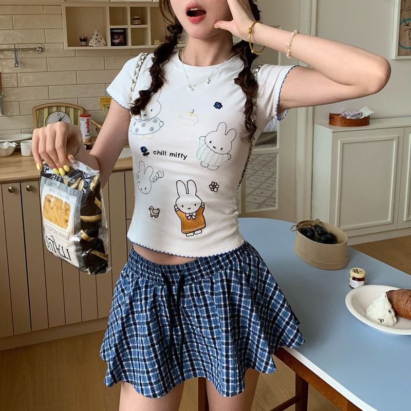 Milk Rabbit Wish Korean Cute Miffy Rabbit Print Round Neck Contrast Color Lace Design Short Sleeve T-Shirt Top Women Summer Milk Rabbit Wish Korean Cute Miffy Rabbit Print Round Neck Contrast Color Lace Design Short Sleeve T-Shirt Top Women Summer