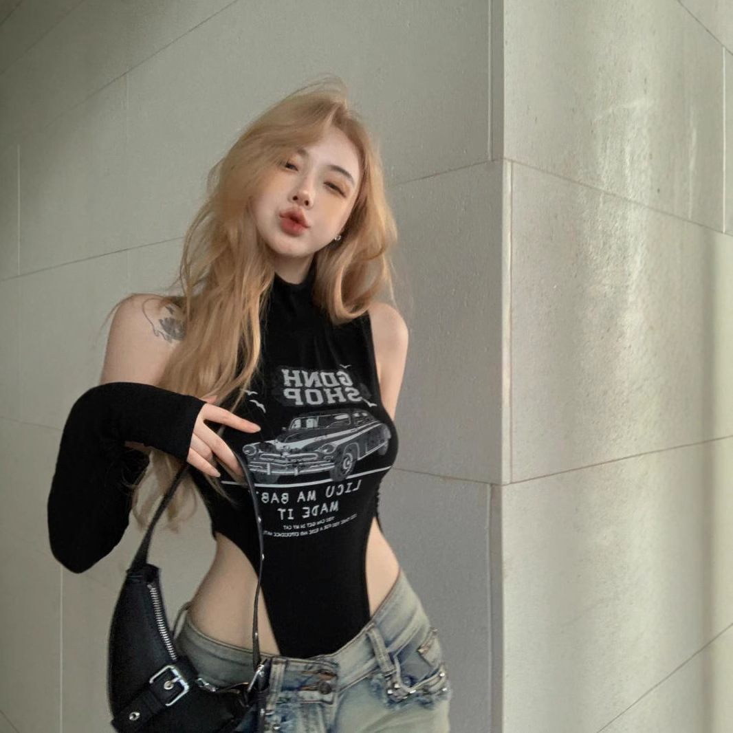 Y2k 핫 소녀 프린트 캐미솔 여성 여름 짧은 미국 하이 넥 블랙 틈새 원피스 탑 겉옷