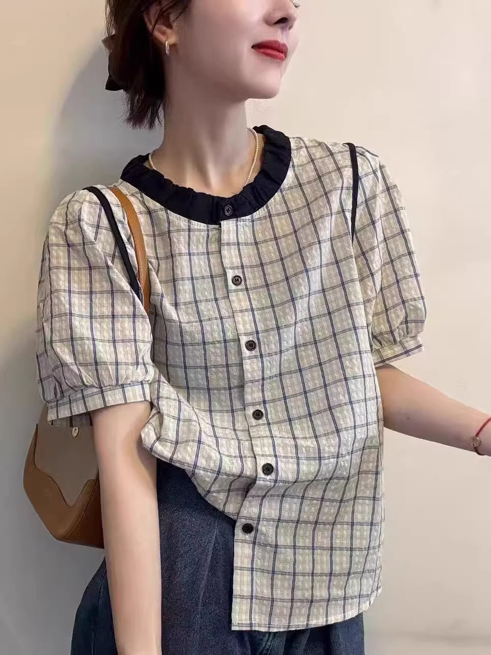 Áo thun nữ cổ búp bê kẻ sọc tương phản tay ngắn phong cách châu Âu — Màu như hình chi tiết 5