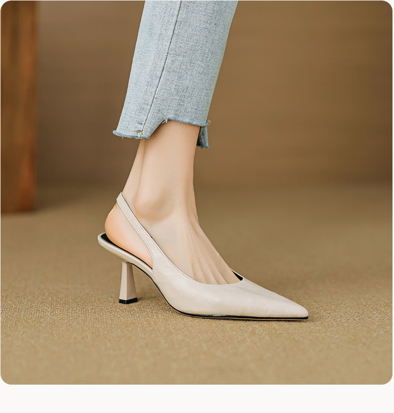 Sandal cao gót nữ mũi nhọn hở gót, da cừu, phong cách Hàn Quốc đơn giản — đen chi tiết 9
