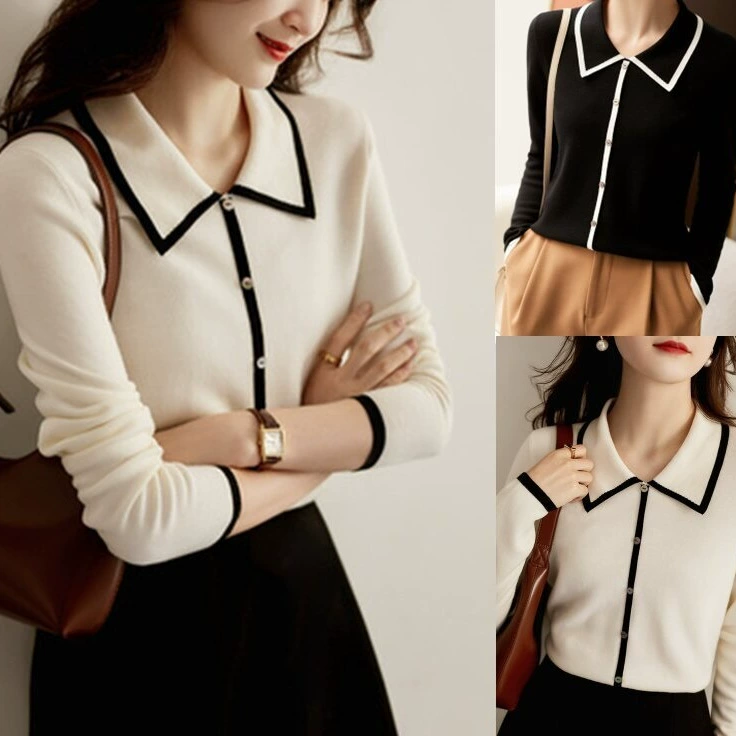 2024 осень новый французский маленький ароматический стиль polo воротник трикотажный дизайн