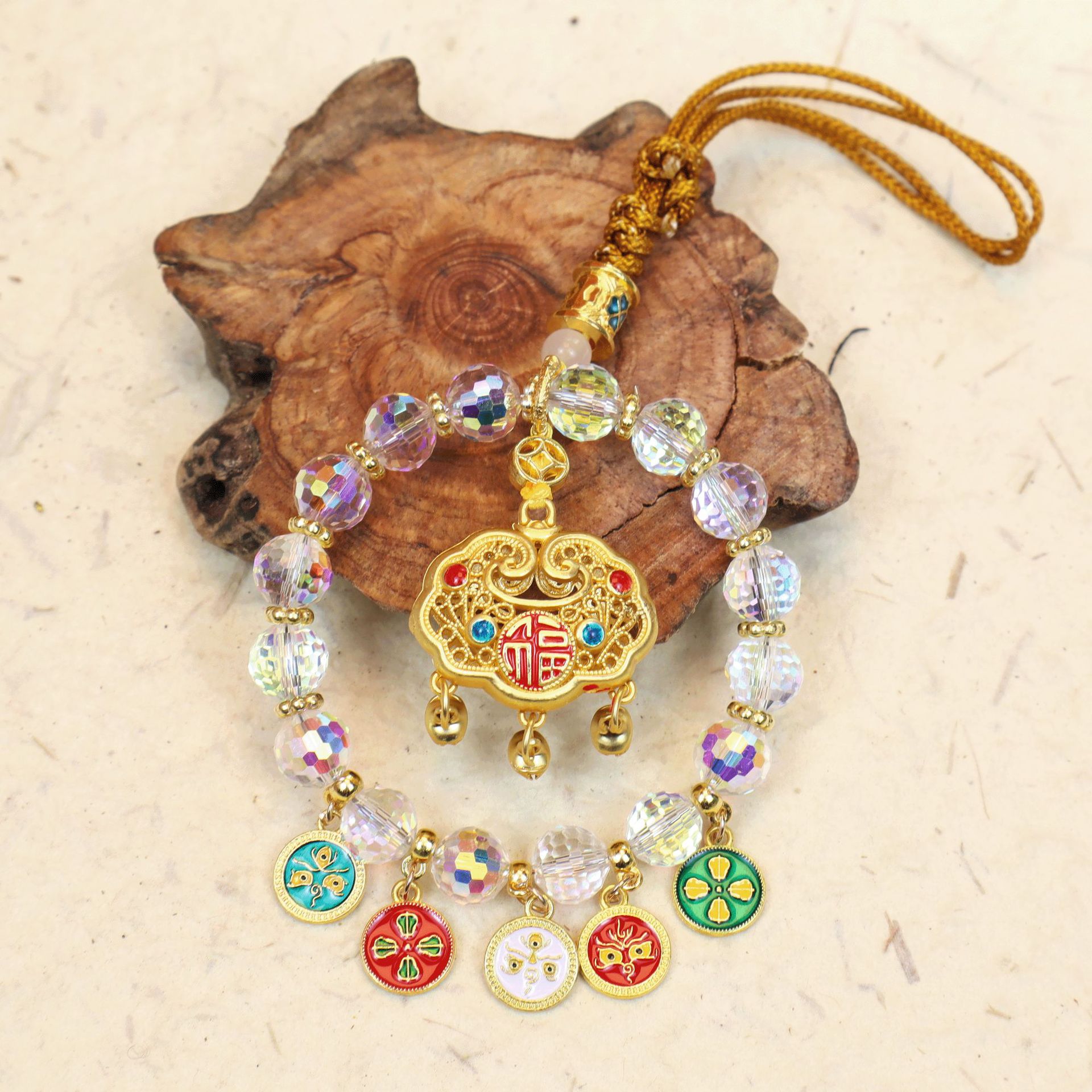 Crystal Five-Path Fortune God Car Hanging Ornament, Multicolor Abacus Lock, High-End Rearview Mirror Decoration, Wealth-Attracting Car Pendant, Interior Car Decoration