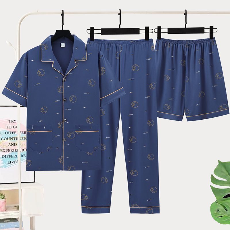 Pajamas de tres piezas de algodón para hombres, pantalones de manga corta de verano, ropa de casa, pantalones cortos delgados, ropa exterior suelta y tamaño grande.