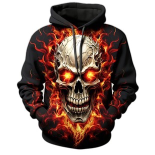2024 autumn and winter cross-border new 3D digital printing horror flame skull men's casual hooded sweater loose