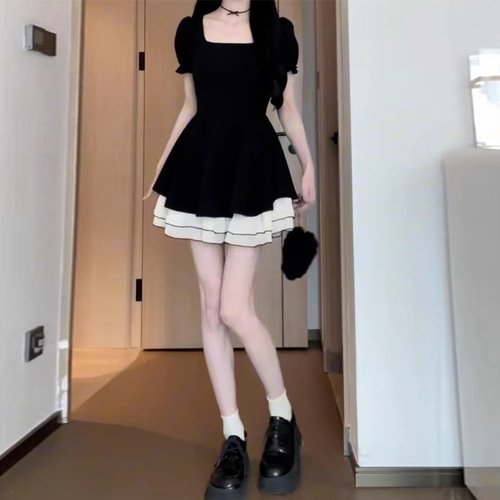 Hollywood Glam Black Dress for Women - Summer 2025, Tea Party French Style, Petite, Fitted Princess Puffed Short Skirt