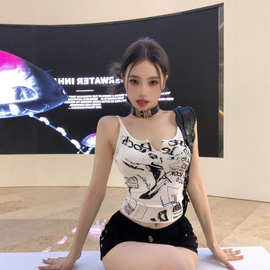 美式性感辣妹朋克印花吊带小背心女夏季别致内搭无袖外穿短款上衣