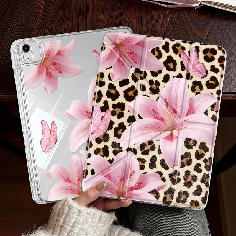 Pink lily leopard print case suitable for iPad 11th generation/A16 tablet, painted pattern Y-fold Pro 2025 model Pink lily leopard print case suitable for iPad 11th generation/A16 tablet, painted pattern Y-fold Pro 2025 model