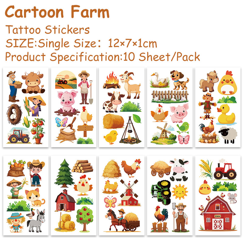 10 Sheets/Pack Cross-Border Cartoon Fairy Tale Farm Painted Tattoo Stickers Fun Creative DIY Decorative Arm Temporary Stickers