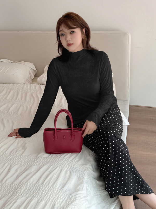 半高领提花修身打底衫女长袖内搭2025秋新款喇叭袖胖mm上衣333138|undefined