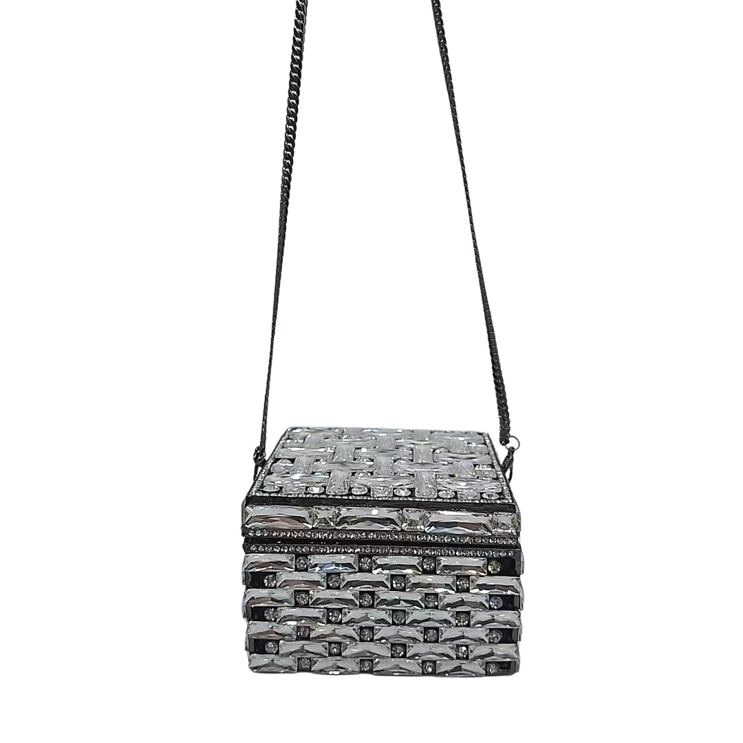Túi clutch nữ đính kim cương dáng hộp vuông nhỏ dự tiệc — Nền vàng kim cương trắng, Vàng AB, Bạc AB, Màu bạc chi tiết 10
