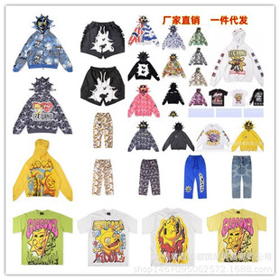 25Fw European and American Street Zip Sweatshirt Glo Cartoon Print Zipper Sweatshirt Pants for Men and Women Camouflage Hooded