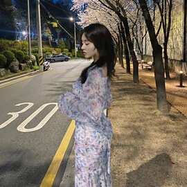 2026春季新款韩国东大门甜美气质花卉交叉设计V领修身鱼尾连衣裙