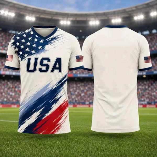 Independent Brand Summer Sports Men's V-Neck Short-Sleeve T-Shirt with Digital Print Pattern American Flag Football Fan Shirt