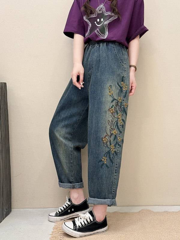 文学レトロ花刺繍ストレッチジーンズ女性の春夏の新しいルーズプラスサイズスリム多用途ハーレムパンツ|undefined