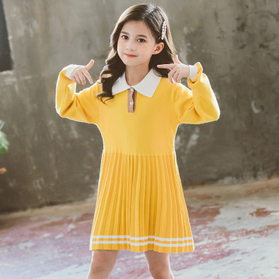 2021 Spring Children's clothing girl Dress Lapel Button Long sleeve Korean Edition girl Western style princess knitting Pleated skirt