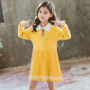 2021 Spring Children's clothing girl Dress Lapel Button Long sleeve Korean Edition girl Western style princess knitting Pleated skirt