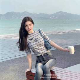 现货发p家南油高端女装早秋上衣羊毛气质小香风修身短袖针织衫女
