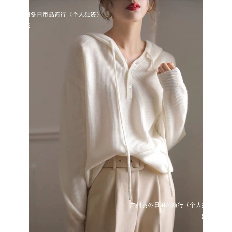 Женский трикотаж с капюшоном, осень 2024, трикотаж в корейском стиле, свободная верхняя одежда в ленивом стиле, универсальный топ, молочно-белая толстовка