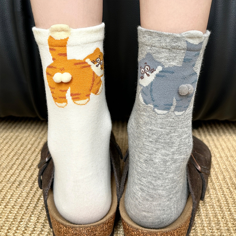 Naughty Cat Socks for Women Abstract Cute Personality Funny Mid-Calf Socks Summer Couple Quirky Korean Style Ins Trend Socks