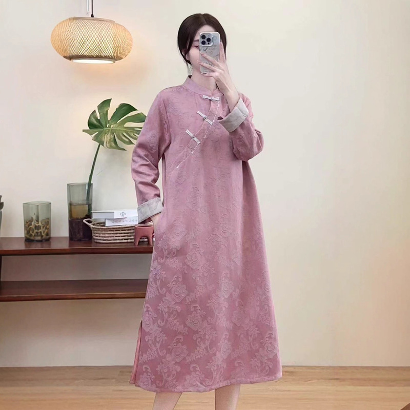Jacquard Cotton and Linen Dress with Long Sleeves, Autumn Style, Diagonal Placket, Buttoned, Improved Cheongsam Dress, 2026 New Model, Zen-Inspired Long Tea Dress