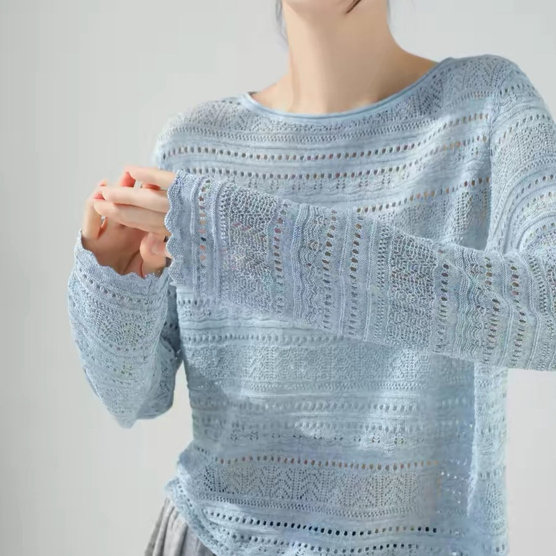 Early Autumn Washi Yarn Knitwear, Three-Dimensional Hollow-Out Round-Neck Blouse for Women, New Pullover Sun Protection Blouse with Colorful Yarn Early Autumn Washi Yarn Knitwear, Three-Dimensional Hollow-Out Round-Neck Blouse for Women, New Pullover Sun Protection Blouse with Colorful Yarn