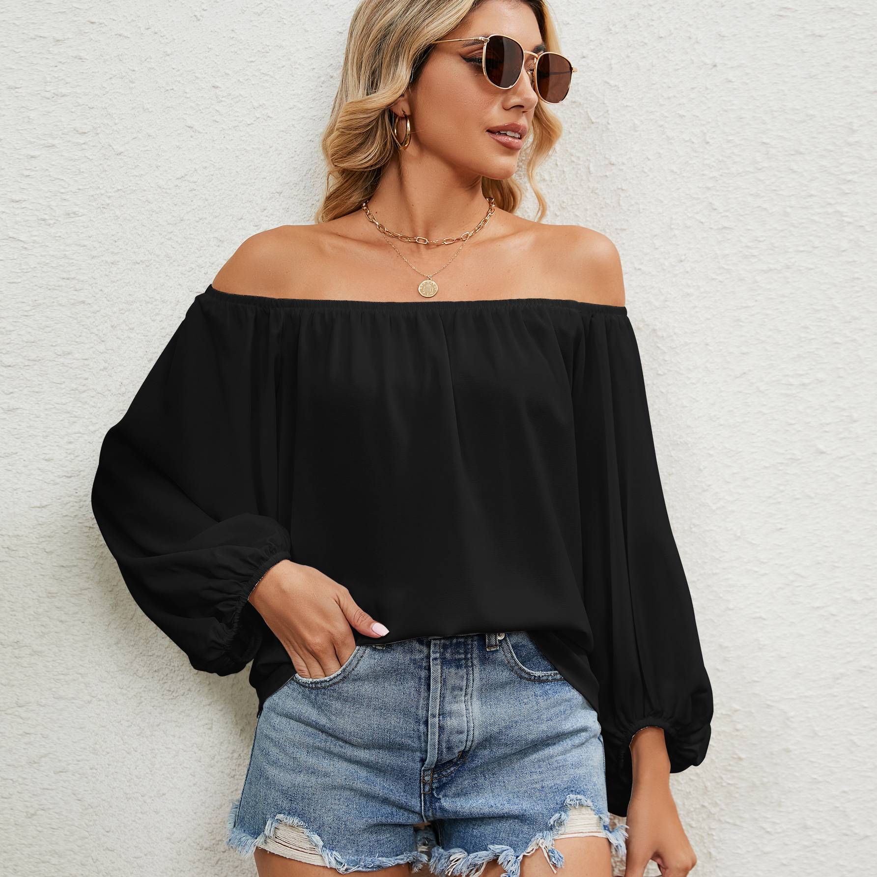 Women's T-shirt Solid Colour Chiffon Top With Line Collar_voghion.com