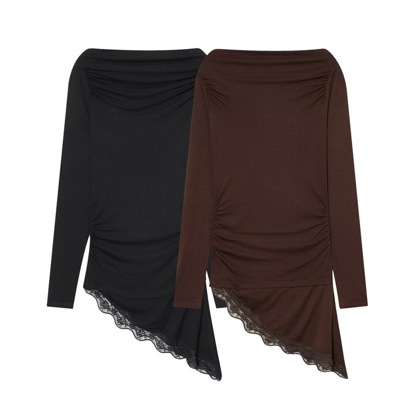 Foreign Trade Wholesale European and American Style 2025 Autumn New Boat Neck Asymmetric Lace Long-Sleeved T-Shirt 0085852