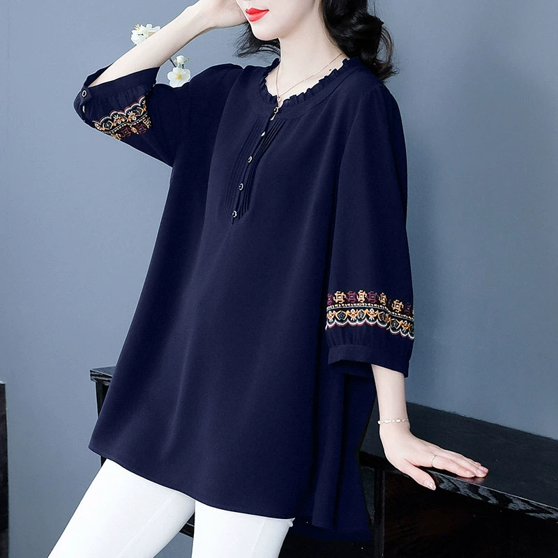 Весенне-летний стиль, ретро-вышивка, большие размеры, свободные повседневные шифоновые рубашки для женщин среднего и пожилого возраста, топы